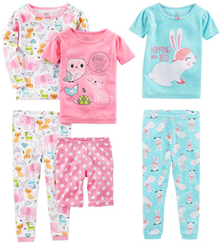 Simple Joys by Carter's Mädchen 6-Piece Snug Fit Cotton Pajama Pyjama-Set, Blau Kaninchen/Rosa Punkte/Weiß Waldtiere, 6 Jahre (3er Pack) von Simple Joys by Carter's