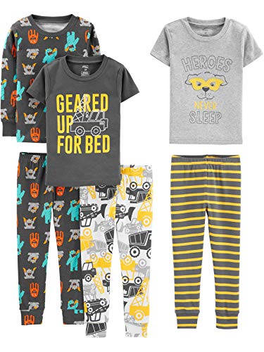 Simple Joys by Carter's Baby-Jungen 6-Piece Snug Fit Cotton Pajama Pyjama-Set, Dunkelgrau Monster/Grau Helden/Weiß Lkws/Streifen, 5 Jahre (3er Pack) von Simple Joys by Carter's