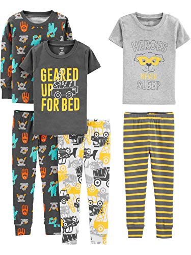 Simple Joys by Carter's Baby-Jungen 6-Piece Snug Fit Cotton Pajama Set Pyjamaset, Dunkelgrau Monster/Grau Helden/Weiß Lkws/Streifen, 5 Jahre (3er Pack) von Simple Joys by Carter's