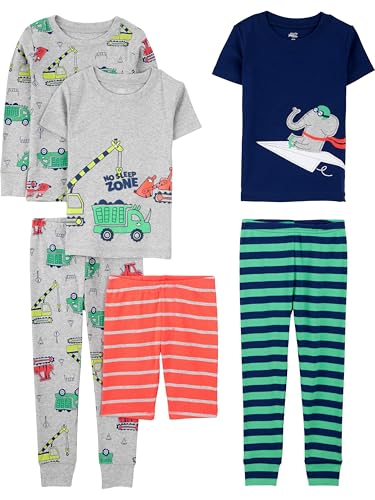 Simple Joys by Carter's Jungen 6-Piece Snug Fit Cotton Pajama Set Pyjamaset, Grau Lkws/Grün Streifen/Marineblau Elefant/Orange Streifen, 5 Jahre (3er Pack) von Simple Joys by Carter's