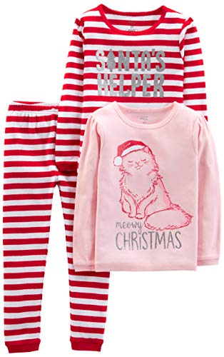 Simple Joys by Carter's Unisex Kinder 3-Piece Snug-Fit Cotton Christmas Pajama Set Pyjamaset, Rosa Katze/Rot Streifen, 6 Jahre (3er Pack) von Simple Joys by Carter's