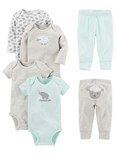 Simple Joys by Carter's Unisex Baby 6-teiliges Set, Bodys (Kurz- und Langarm) und Hosen, Grau/Minzgrün/Elefant/Lamm, 0-3 Monate von Simple Joys by Carter's