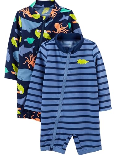 Simple Joys by Carter's Baby Jungen Assorted Rashguard-Set Einteiliger Badeanzug, Marineblau Meereslebewesen/Purpur Streifen, 12 Monate (2er Pack) von Simple Joys by Carter's