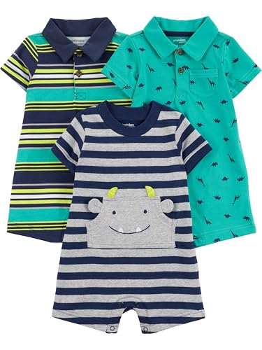 Simple Joys by Carter's Baby Jungen 3-Pack Infant-and-Toddler-Rompers, Gelb Streifen/Grün Dinosaurier/Marineblau Streifen, 0 Monate (3er Pack) von Simple Joys by Carter's