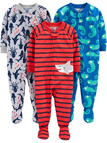 Simple Joys by Carter's Baby-Jungen 3-Pack Loose Fit Flame Resistant Polyester Jersey Footed Pajamas Pajama-Sets, Blau Chameleon/Grau Haifisch/Rot Streifen, 6-9 Monate (3er Pack) von Simple Joys by Carter's