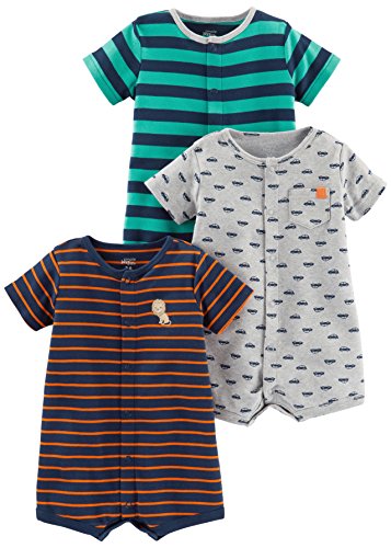 Simple Joys by Carter's Baby Jungen 3-Pack Snap-up Rompers Strampler, Grau Autos/Marineblau Löwe/Türkisgrün Querstreifen, 0-3 Monate (3er Pack) von Simple Joys by Carter's