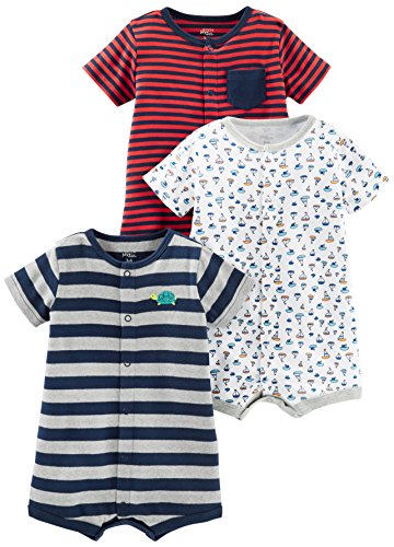 Simple Joys by Carter's Baby Jungen 3-Pack Snap-up Rompers Strampler, Grau Streifen/Rot Ministreifen/Weiß Segelboote, 0 Monate (3er Pack) von Simple Joys by Carter's