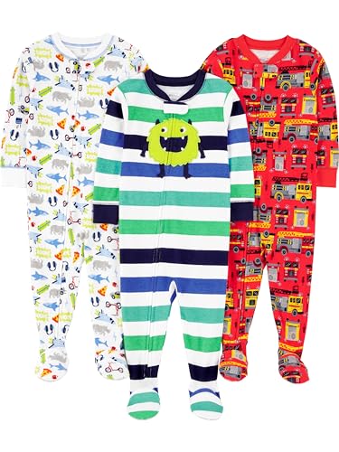 Simple Joys by Carter's Baby Jungen 3-Pack Snug Fit Footed Cotton Pajamas Pyjamaset, Rot Feuerwehrauto/Weiß Haifische/Monster, 5 Jahre (3er Pack) von Simple Joys by Carter's