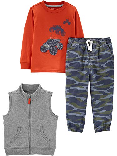 Simple Joys by Carter's Baby-Jungen 3-Piece Fleece Vest, Long-Sleeve Shirt, and Woven Pant Playwear Set Hosenset, Grau Meliert/Marineblau Tarnmuster/Orange Lkws, 18 Monate von Simple Joys by Carter's