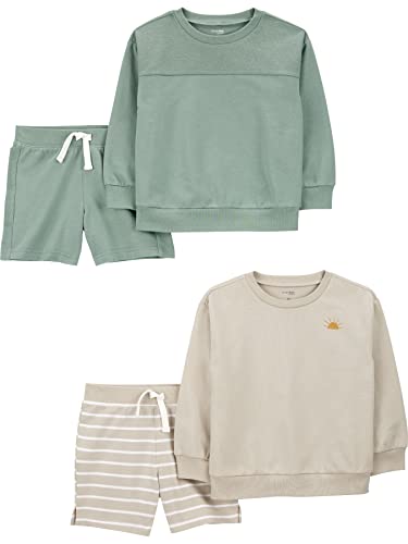 Simple Joys by Carter's Baby-Jungen 4-Piece French Terry Long-Sleeve Shirts and Shorts Playwear Set Spielbekleidungssets, Beige Streifen/Flaschengrün, 3 Jahre (4er Pack) von Simple Joys by Carter's