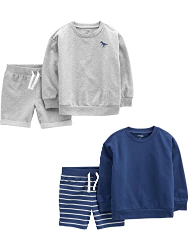 Simple Joys by Carter's Baby-Jungen 4-Piece French Terry Long-Sleeve Shirts and Shorts Playwear Set Spielbekleidungssets, Grau/Marineblau/Dinosaurier/Streifen, 18 Monate (4er Pack) von Simple Joys by Carter's