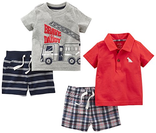 Simple Joys by Carter's Baby-Jungen 4-Piece Playwear Infant-and-Toddler-Shorts-Clothing-Sets, Grau Feuerwehrauto/Marineblau Doppelstreifen/Rot Hund/Karo, 0 Monate von Simple Joys by Carter's