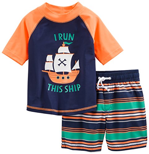 Simple Joys by Carter's Baby Jungen Swimsuit Trunk and Rashguard Rash-Guard-Set, Marineblau Orange Schiffe/Weiß Streifen, 12 Monate von Simple Joys by Carter's