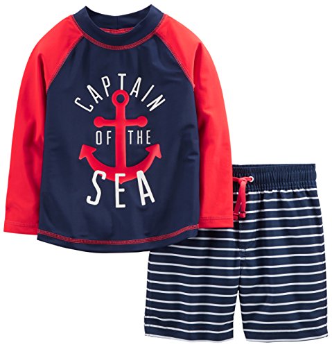 Simple Joys by Carter's Baby Jungen Swimsuit Trunk and Rashguard Set, Marineblau Rot Anker/Weiß Streifen, 18 Monate von Simple Joys by Carter's