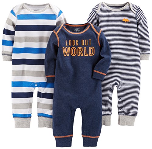 Simple Joys by Carter's Baby-Jungen 3-Pack Jumpsuits Spieler, Grau Meliert Rugby-Streifen/Marineblau Textaufdruck/Weiß Streifen, 0 Monate (3er Pack) von Simple Joys by Carter's