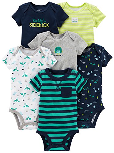 Simple Joys by Carter's Baby-Jungen Short Sleeve Bodysuit Body, Mehrfarbig/Autos/Dinosaurier/Streifen, 0 Monate (6er Pack) von Simple Joys by Carter's