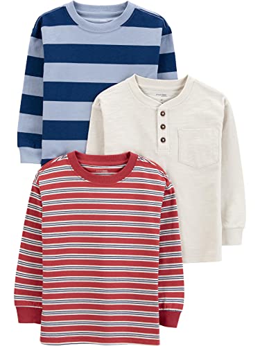 Simple Joys by Carter's Jungen Long-Sleeve, Pack of 3 Baby und Kleinkind T-Shirt Set, Elfenbein Weltraum-dye/Marineblau Rugby-Streifen/Maronibraun Streifen, 12 Monate (3er Pack) von Simple Joys by Carter's