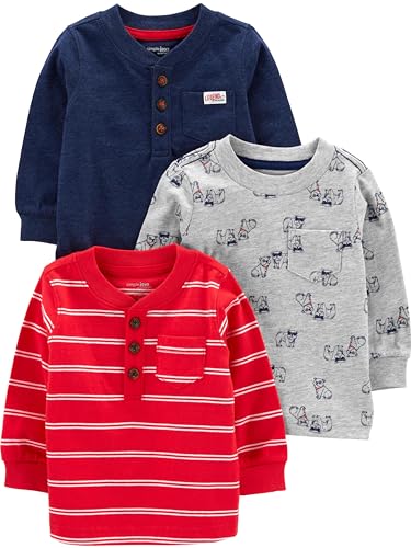 Simple Joys by Carter's Baby-Jungen Long-Sleeve, Pack of 3 Shirt, Grau Hunde/Marineblau/Rot Doppelstreifen, 6-9 Monate (3er Pack) von Simple Joys by Carter's