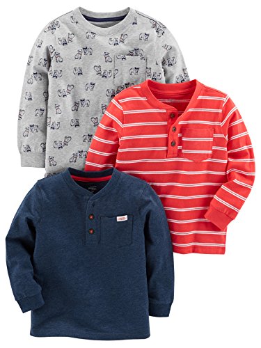 Simple Joys by Carter's Baby-Jungen Long-Sleeve, Pack of 3 T-Shirt, Grau Hunde/Marineblau Heidekraut/Rot Doppelstreifen, 3 Jahre (3er Pack) von Simple Joys by Carter's