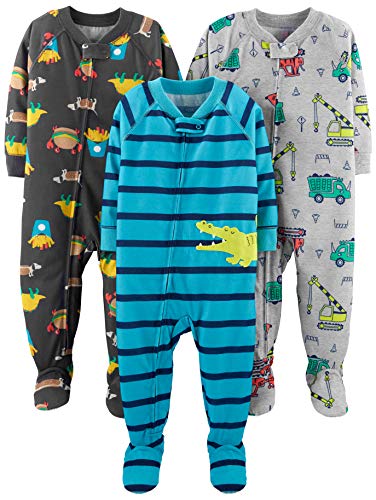 Simple Joys by Carter's Baby-Jungen 3-Pack Loose Fit Flame Resistant Polyester Jersey Footed Pajamas Kleinkindschläfer, Blau Alligator/Dunkelgrau Fun-Food/Grau Lkws, 12 Monate (3er Pack) von Simple Joys by Carter's