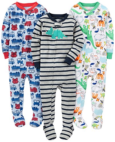 Simple Joys by Carter's Baby Jungen 3-Pack Snug Fit Footed Cotton Pajamas Pyjama-Set, Blau Feuerwehrauto/Grau Streifen/Weiß Dinosaurier, 12 Monate (3er Pack) von Simple Joys by Carter's