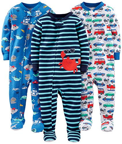 Simple Joys by Carter's Baby Jungen 3-Pack Snug Fit Footed Cotton Pajamas Pyjamaset, Blau Meereswelt/Marineblau Streifen/Weiß Autos, 18 Monate (3er Pack) von Simple Joys by Carter's