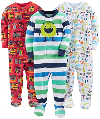 Simple Joys by Carter's Baby Jungen Pyjamaset aus Baumwolle, mit Füßen, Anliegende Passform, 3er-Pack, Rot Feuerwehrauto/Weiß Haifische/Monster, 6-9 Monate von Simple Joys by Carter's