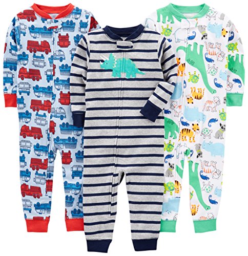 Simple Joys by Carter's Baby Mädchen 3-Pack Snug Fit Footless Cotton Pajamas Schlafstrampler, Blau Feuerwehrauto/Grau Streifen/Weiß Dinosaurier, 18 Monate (3er Pack) von Simple Joys by Carter's