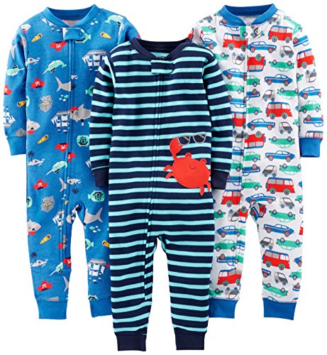 Simple Joys by Carter's Baby Mädchen 3-Pack Snug Fit Footless Cotton Pajamas Schlafstrampler, Blau Meereswelt/Marineblau Streifen/Weiß Autos, 6-9 Monate (3er Pack) von Simple Joys by Carter's