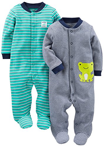 Simple Joys by Carter's Baby Jungen Schlaf- und Spielanzug aus Baumwolle mit Füßen und Druckknöpfen, 2er-Pack, Marineblau Streifen/Türkisblau Streifen, 0-3 Monate von Simple Joys by Carter's