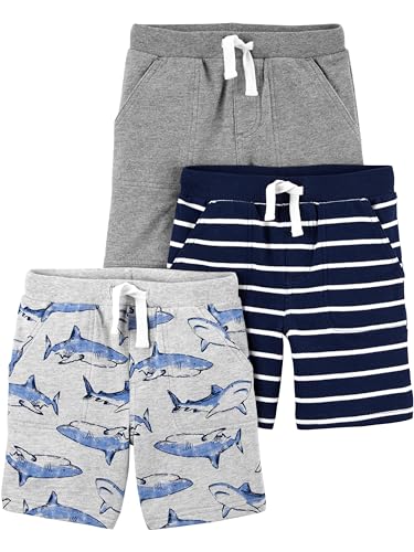 Simple Joys by Carter's Baby-Jungen Multi-Pack Knit Shorts, Grau/Hellgrau Meliert Haifische/Marineblau Streifen, 6-9 Monate (3er von Simple Joys by Carter's