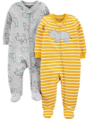 Simple Joys by Carter's Baby-Jungen 2-Pack 2-Way Zip Cotton Footed Sleep Play Infant-and-Toddler-Sleepers, Gelb Nilpferd/Grau Kuh, Frühchen (2er Pack) von Simple Joys by Carter's