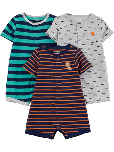 Simple Joys by Carter's Baby Jungen 3-Pack Snap-up Rompers Strampler, Grau Autos/Marineblau Löwe/Türkisgrün Querstreifen, 0 Monate (3er Pack) von Simple Joys by Carter's