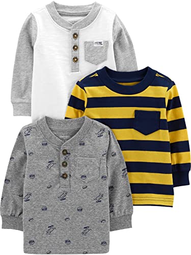 Simple Joys by Carter's Baby-Jungen Long-Sleeve, Pack of 3 T-Shirt, Gelb Streifen/Grau Dinosaurier/Weiß, 2 Jahre (3er Pack) von Simple Joys by Carter's