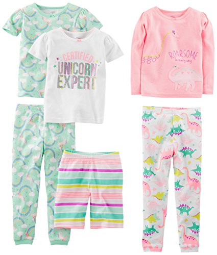 Simple Joys by Carter's Mädchen 6-Piece Snug Fit Cotton Pajama Pyjama-Set, Minzgrün Regenbogen/Rosa/Weiß Dinosaurier/Einhorn/Streifen, 2 Jahre (3er Pack) von Simple Joys by Carter's