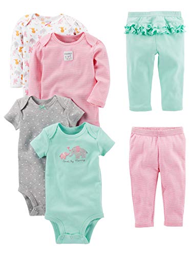 Simple Joys by Carter's Baby Mädchen 6-teiliges Set, Bodys (Kurz- und Langarm) und Hosen, Aquagrün Elefant/Grau Punkte/Rosa Streifen/Weiß Waldtiere, 0 Monate von Simple Joys by Carter's