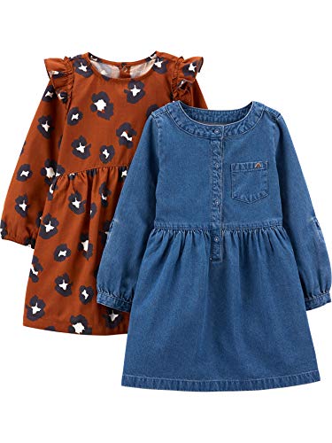 Simple Joys by Carter's Baby Mädchen 2-Pack Long-Sleeve Dress Set Lässiges Kleid, Chambray/Gepard, 18 Monate (2er Pack) von Simple Joys by Carter's