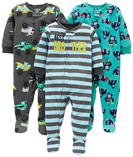Simple Joys by Carter's Baby-Mädchen 3-Pack Loose Fit Flame Resistant Fleece Footed Pajamas Kleinkindschläfer, Dunkelgrau Monster Trucks/Hellblau Streifen/Türkisblau Gorilla, 4 Jahre (3er Pack) von Simple Joys by Carter's