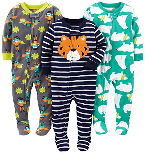 Simple Joys by Carter's Baby-Mädchen 3-Pack Loose Fit Flame Resistant Fleece Footed Pajamas Kleinkindschläfer, Grün Eisbär/Kohlegrau Superheld/Marineblau Tiger, 12 Monate (3er Pack) von Simple Joys by Carter's