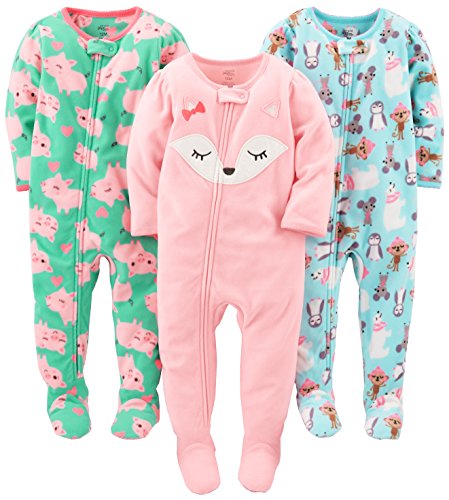 Simple Joys by Carter's Baby-Mädchen 3-Pack Loose Fit Flame Resistant Fleece Footed Pajamas Schlafstrampler, Blau Pinguin/Grün Schweinchen/Rosa Fuchs, 18 Monate (3er Pack) von Simple Joys by Carter's