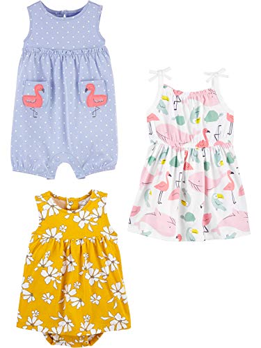 Simple Joys by Carter's Baby Mädchen 3-Pack Romper, Sunsuit and Dress Strampelhose, Blumen/Flamingo/Meereslebewesen, 3-6 Monate (3er Pack) von Simple Joys by Carter's
