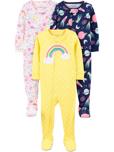 Simple Joys by Carter's Baby Mädchen 3-Pack Snug Fit Footed Cotton Pajamas Kleinkindschläfer, Gelb Punkte/Marineblau Weltraum/Weiß Dinosaurier, 4 Jahre (3er Pack) von Simple Joys by Carter's