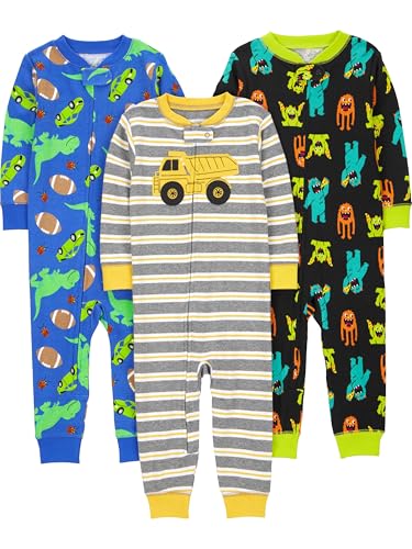 Simple Joys by Carter's Baby Mädchen 3-Pack Snug Fit Footless Cotton Pajamas Schlafstrampler, Blau Dinosaurier/Grau Streifen/Schwarz Monster, 4 Jahre (3er Pack) von Simple Joys by Carter's