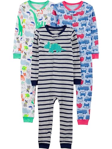 Simple Joys by Carter's Baby Mädchen 3-Pack Snug Fit Footless Cotton Pajamas Schlafstrampler, Blau Feuerwehrauto/Grau Streifen/Weiß Dinosaurier, 5 Jahre (3er Pack) von Simple Joys by Carter's