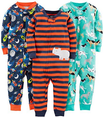 Simple Joys by Carter's Baby Mädchen 3-Pack Snug Fit Footless Cotton Pajamas Schlafstrampler, Marineblau Weltraum/Rostfarben Streifen/Türkisgrün Hunde, 18 Monate (3er Pack) von Simple Joys by Carter's