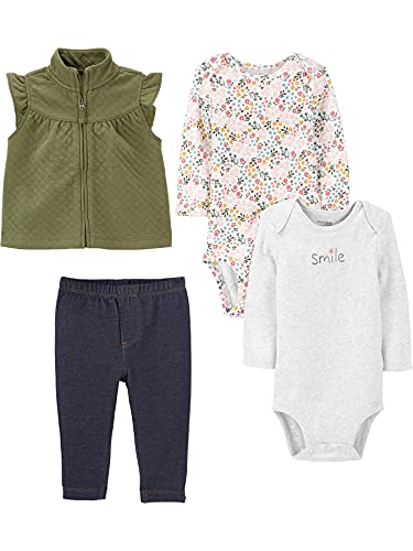 Simple Joys by Carter's Baby Mädchen 4-Piece Bodysuit and Vest Set Modische Weste, Grau/Indigo/Olivgrün/Weiß Floral, 12 Monate (4er Pack) von Simple Joys by Carter's