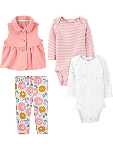 Simple Joys by Carter's Baby Mädchen 4-Piece Bodysuit and Vest Set Modische Weste, Rosa/Weiß Punkte/Floral/Streifen, 12 Monate (4er Pack) von Simple Joys by Carter's