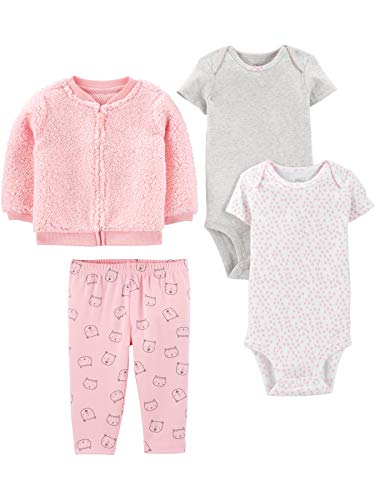 Simple Joys by Carter's Baby-Mädchen 4-Piece Jacket, Pant, and Bodysuit Layette-Set, Grau/Rosa/Weiß Herzen/Katze, 3-6 Monate von Simple Joys by Carter's