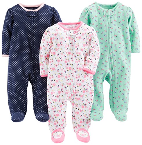 Simple Joys by Carter's Baby Mädchen 3-Pack Sleep and Play Sleepers, Marineblau Punkte/Minzgrün Floral/Weiß Blumen, 0-3 Monate (3er Pack) von Simple Joys by Carter's