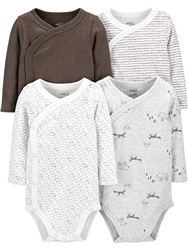 Simple Joys by Carter's Unisex Baby 4-Pack Side Snap Bodysuit Body, Braun/Grau Waldtiere/Weiß/Bärenaufddruck, 0 Monate (4er Pack) von Simple Joys by Carter's